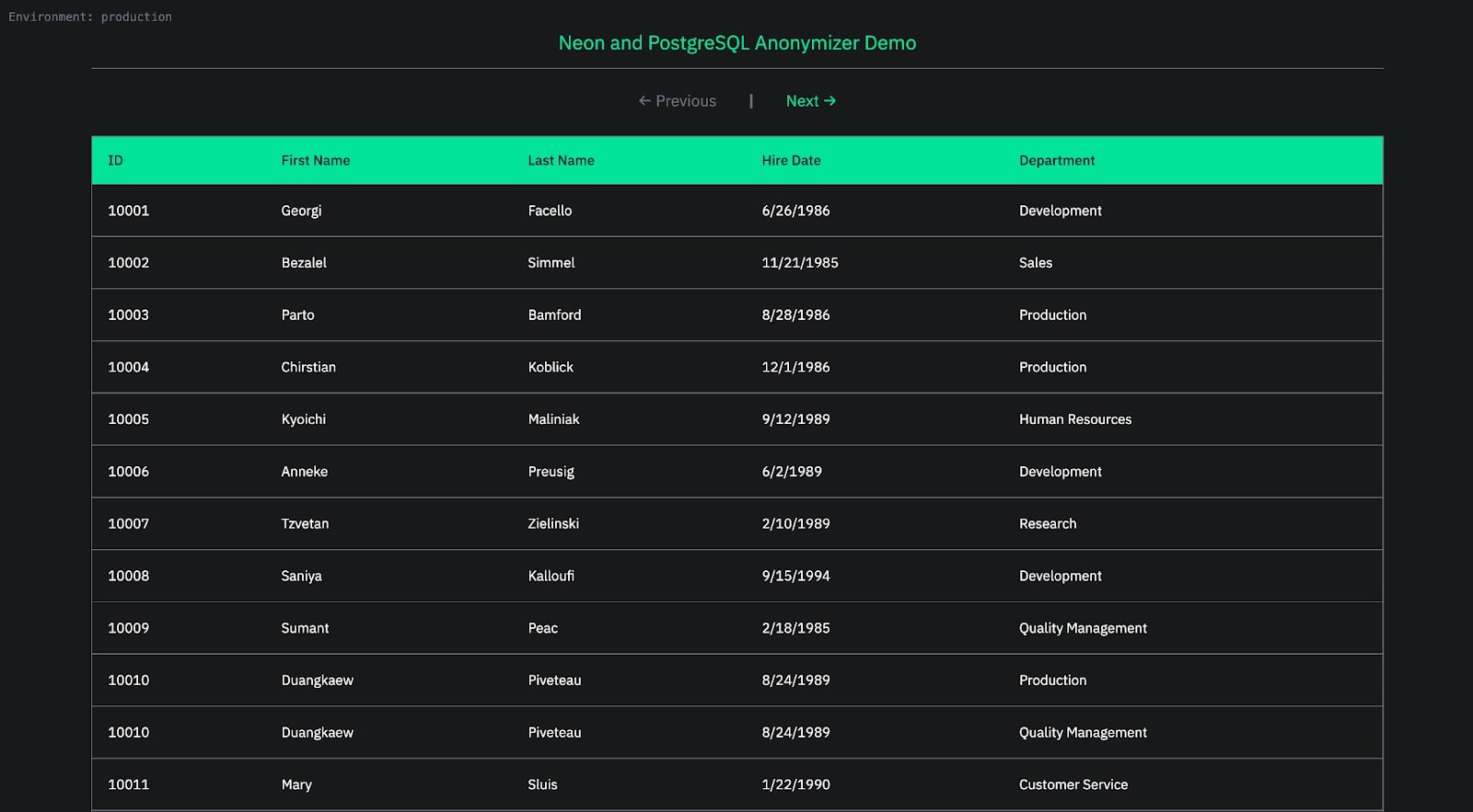 A preview environment showing masked data in a Next.js UI.