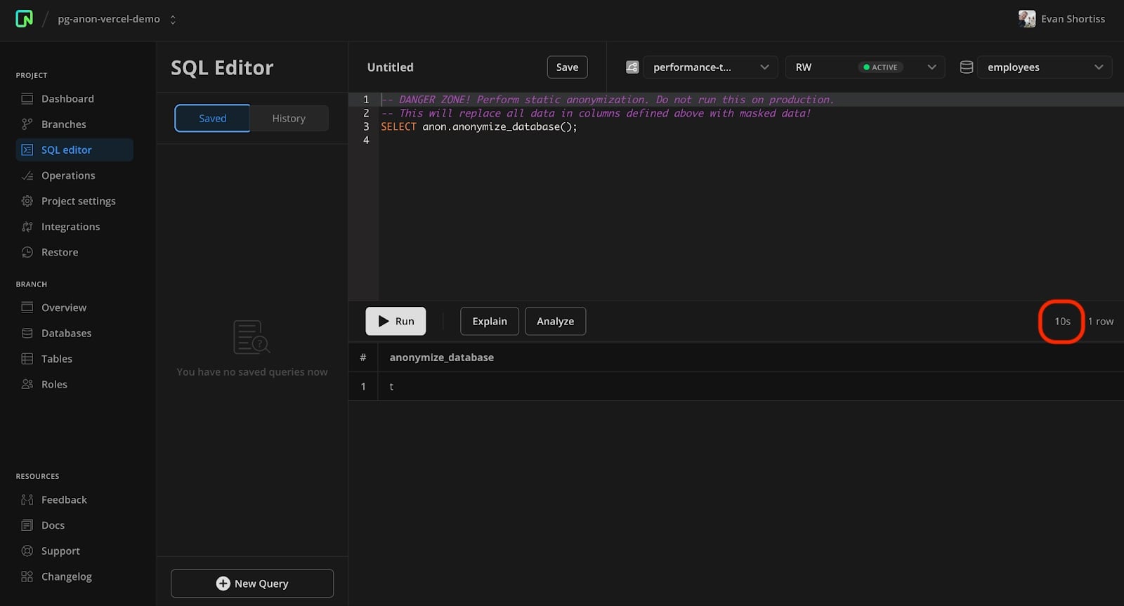 The SQL Editor in the Neon Console reporting that it took 10 seconds to statically mask 300,000 rows in a table using PostgreSQL Anonymizer.